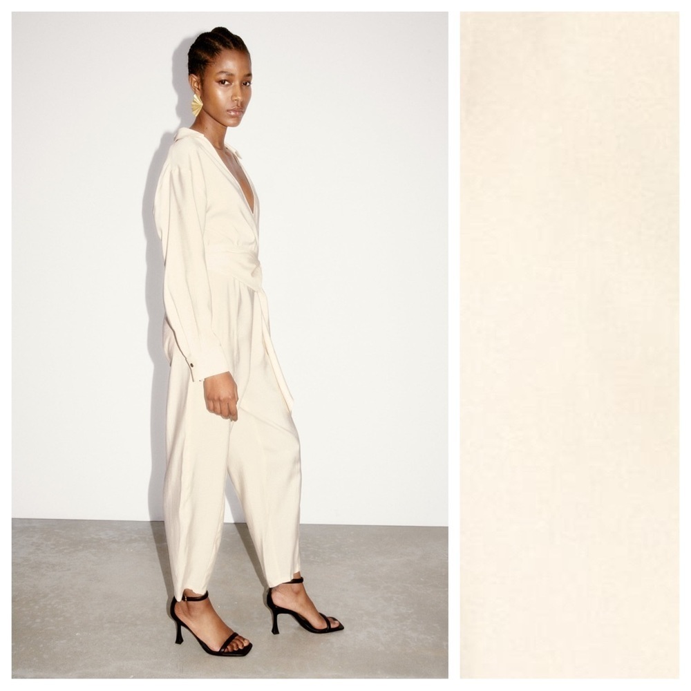 NWT. Zara Cream Modal Blend Double-Breasted Jumpsuit with Gold Buckle. Size L. - Picture 4 of 10